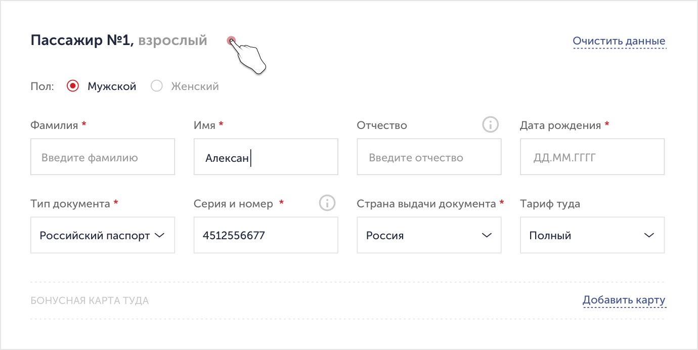Форма для заполнения персональных данных пассажира