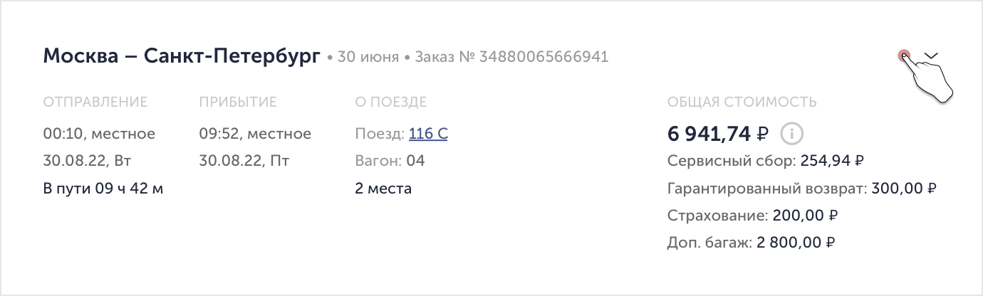 Блок с заказом и информацией о билете